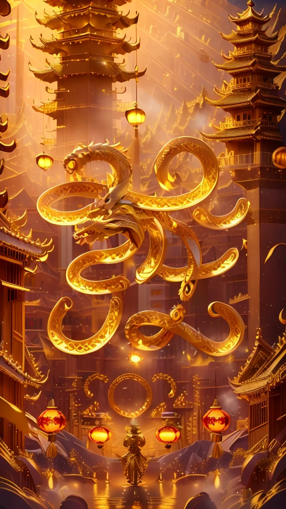 (8K,Ultra HD, movie lighting, cinematography, master works),Night，（a gold chinese dragon:1.5）,firework，architecture, east asian architecture, scenery, china red lantern, pagoda, outdoors, sky,gold, china building, tree, standing, mountain, bridge, light, warmth, festive atmosphere，holding,masterpiece, best quality，