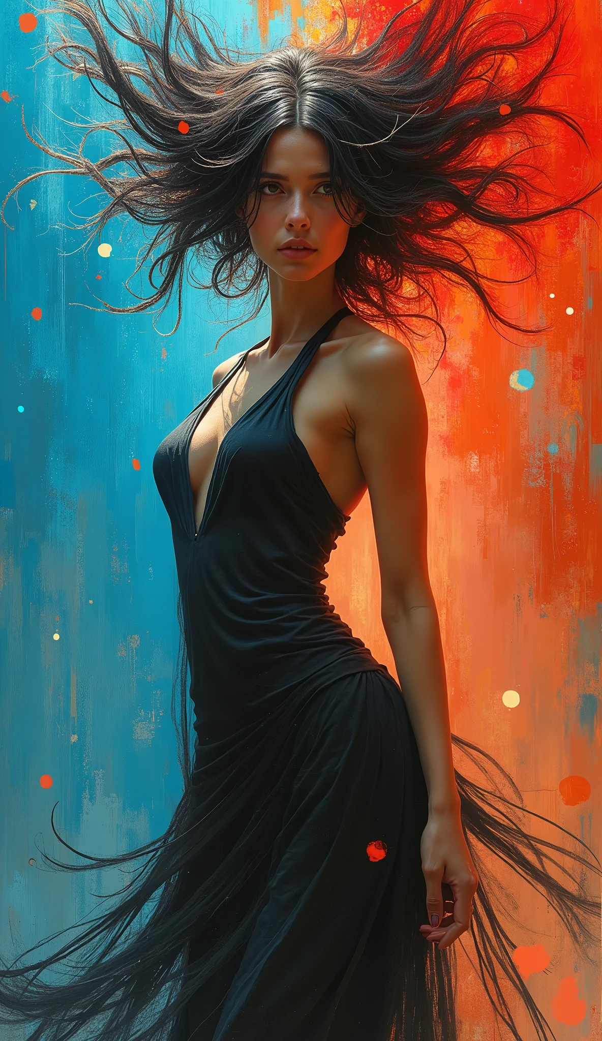 , gere, beleza abstrata Fantomas, Looking at the camera, peito grande, approaching perfection, dynamic, azul vermelho e laranja cores, altamente detalhado, oil painting, artstation, arte conceitual, sharp focus, illustration, arte por Carne Griffiths e Vadim Kashin