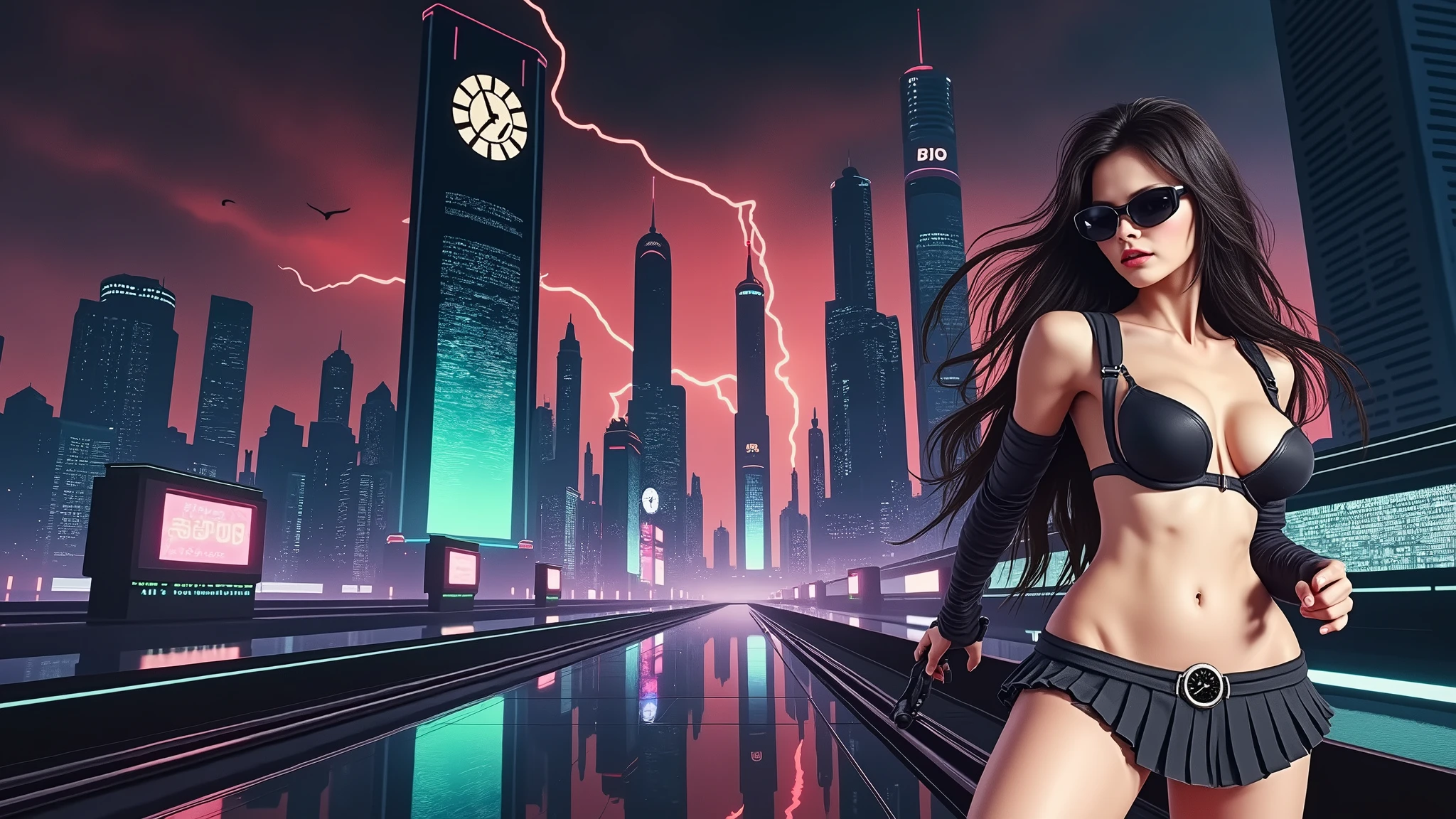 (Wide angle aerial view). At night, simple outlined cyberpunk city, flying cars, all-glass buildings, glowing giant clock tower, lightning, line art background. High-resolution OLED GUI interfaces in the building, The windows are filled with transparent data visualization infographics that show it all, very close-up green glowing cascading code. Colors are saturated and vibrant. At night, (1girl, solo, alone), photorealistic, large-breast slim:0.6 body, oval:0.5 face, black mini bra, cleavage:1.1, deep-v, very low angle view of black pleated miniskirt, white panty, (upskirt), glove, (Matrix style black micro sunglasses), (aiming viewer with a short gun), dynamic running pose, (half-body thigh level close-up shot), cinematic lighting, ray tracing, motion blur background.