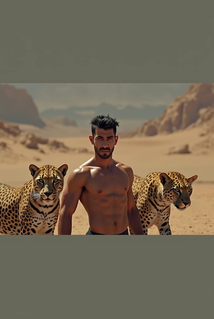 A handsome man with a slim handsome face without a shirt on the.desert with two leopards