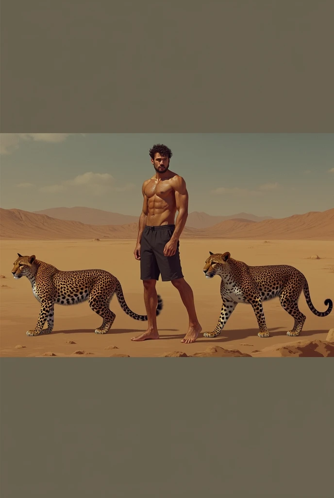 A handsome man with a slim handsome face without a shirt on the.desert with two leopards