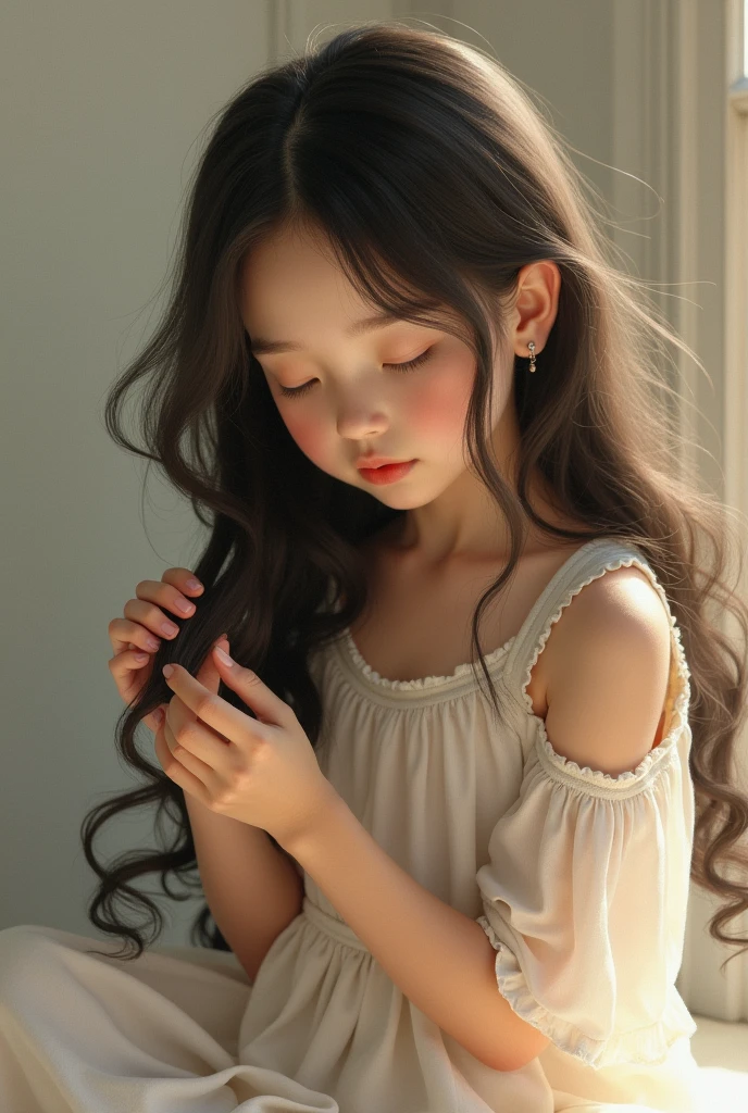 girl combing her hair
