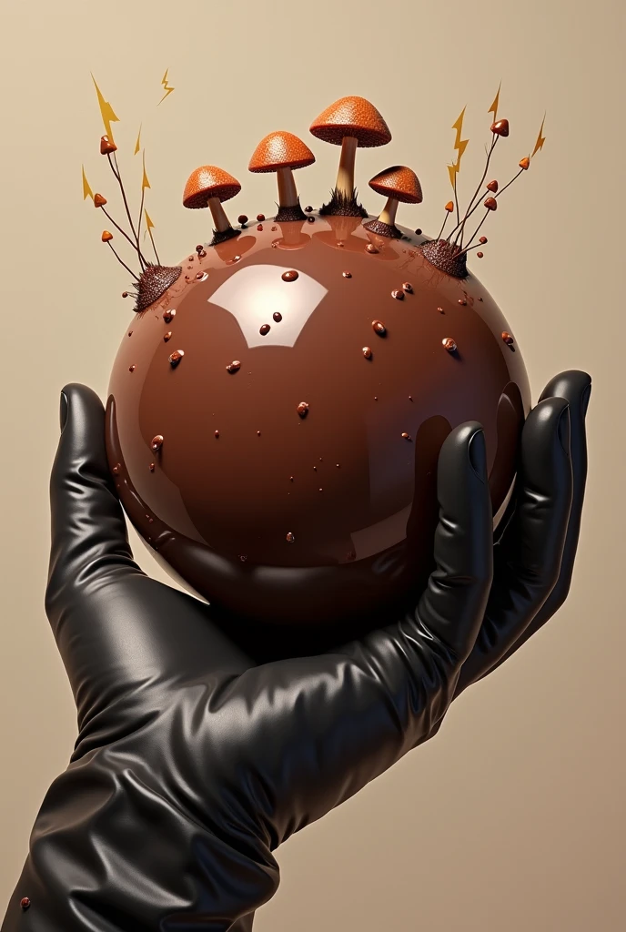 There is a person with a black glove holding a chocolate ball in his hand., a photorealistic painting by Jon Coffelt, reddit, Hyper-Realism, caramel, arte de chocolate, Coated Resin, exquisite and smooth detail, chocolate, ❤🔥🍄🌪, covered in melted chocolate, 360*, mesmerizing, brown resin, satisfactory, made of glass, Rio do Chocolate