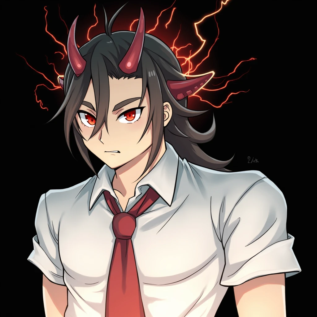 Red eyes, Brown hair, hair between eyes,  red horns , Strong body, energy pouring out of him