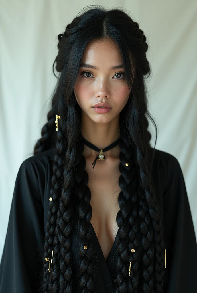 a woman with long braids and a black top, long black braids, box braids, black hair in braids, long braids, elegant fantasy style braids, braids, long black braided hair, long braided black hair, long cornrows, cornrows braids, traditional female hairstyles, braids in hair, white black fade braided hair, black and yellow, yellow and black, full body