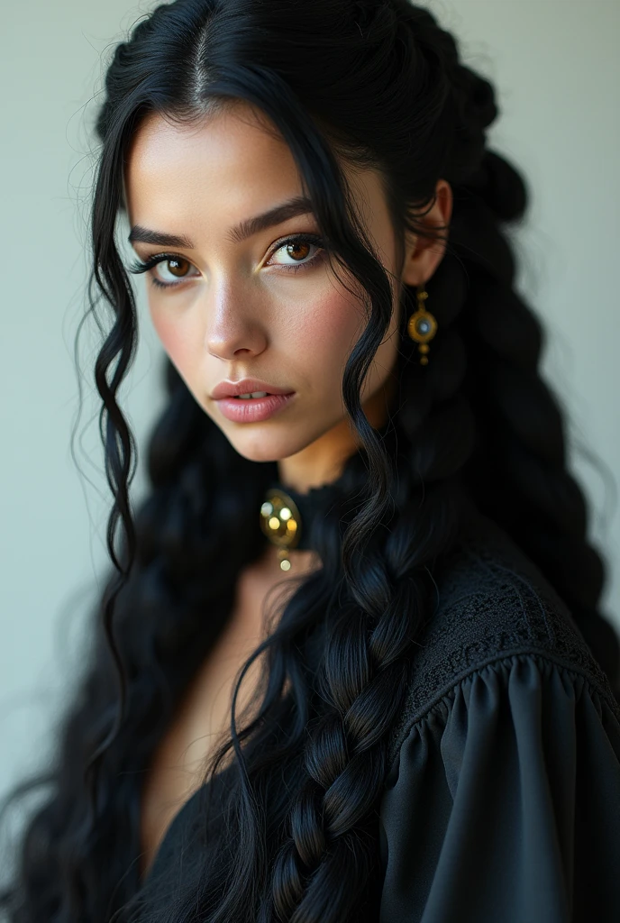 a woman with long braids and a black top, long black braids, box braids, black hair in braids, long braids, elegant fantasy style braids, braids, long black braided hair, long braided black hair, long cornrows, cornrows braids, traditional female hairstyles, braids in hair, white black fade braided hair, black and yellow, yellow and black, full body 