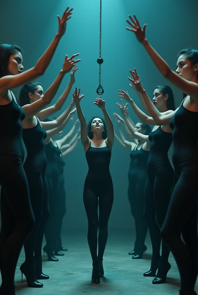 the sexy girls are hypnotized, black leggings, tank tops, pendulum in the middle of them, they are mindless, their eyes become blue spirals when they see the pendulum, they salute the pendulum