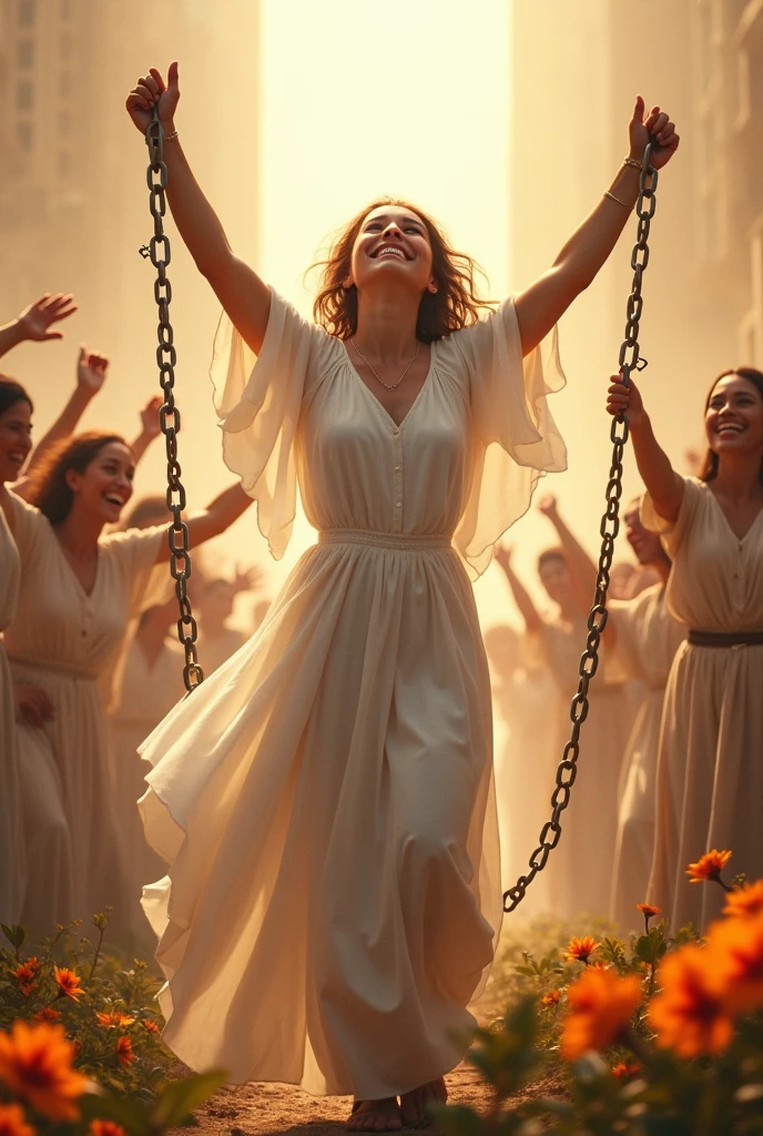 Image of a person breaking chains, with a look of triumph. With a white dress and angelic mode with a bright backlight surrounded by happy people because they won the victory of a country at war with flowers around them