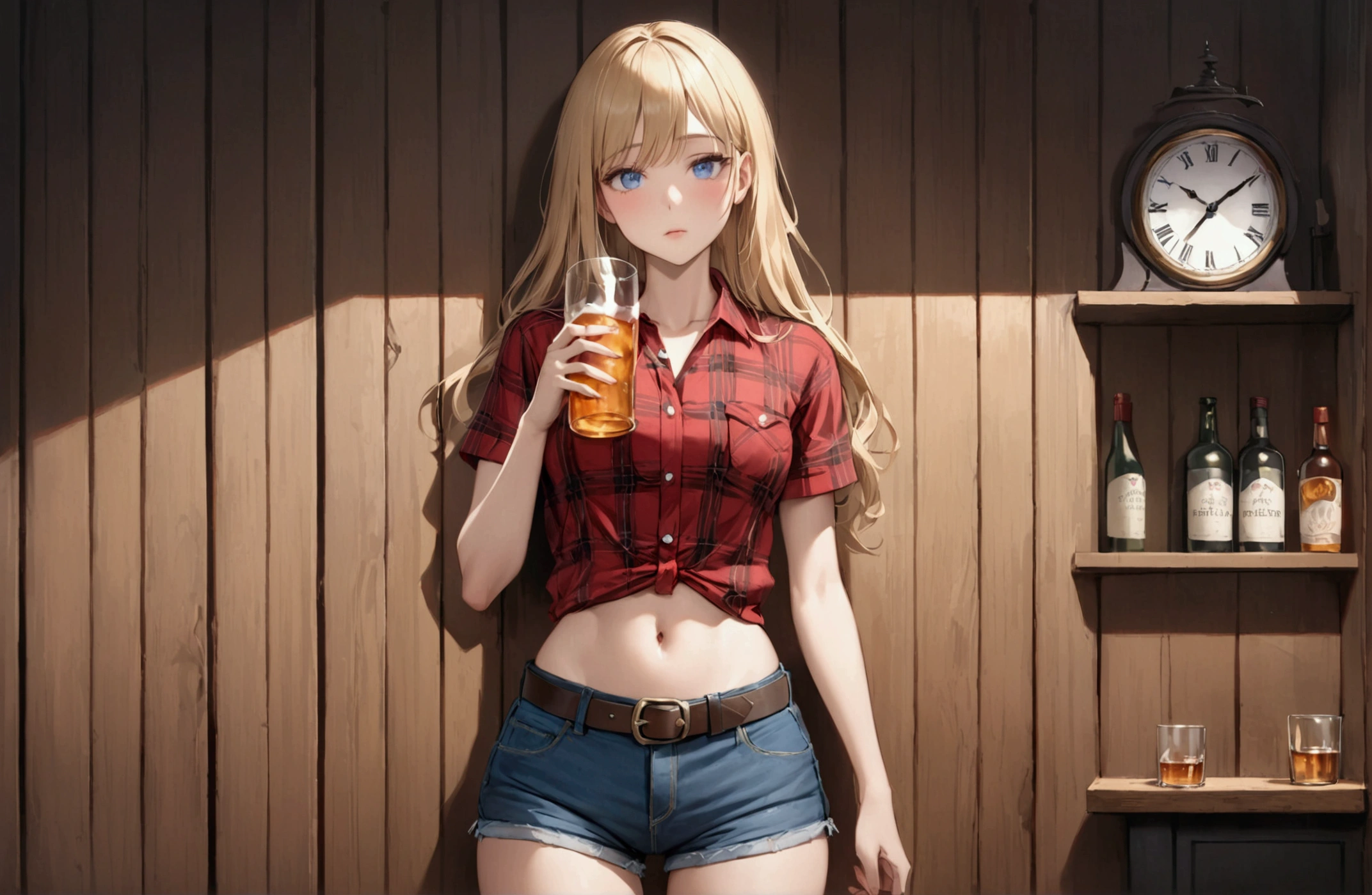 Woman with long blonde hair, blue eyes, Athletic build, Red plaid tight short sleeve collared cowgirl shirt, clock, Navel exposed, Denim hot pants, Brown belt with oval buckle, Please stand up straight, Drunk,Severe hiccups,In front of a wooden wall,drinking,Front view,Cowboy Shot,16K, Highest quality, masterpiece, Realistic, detailed