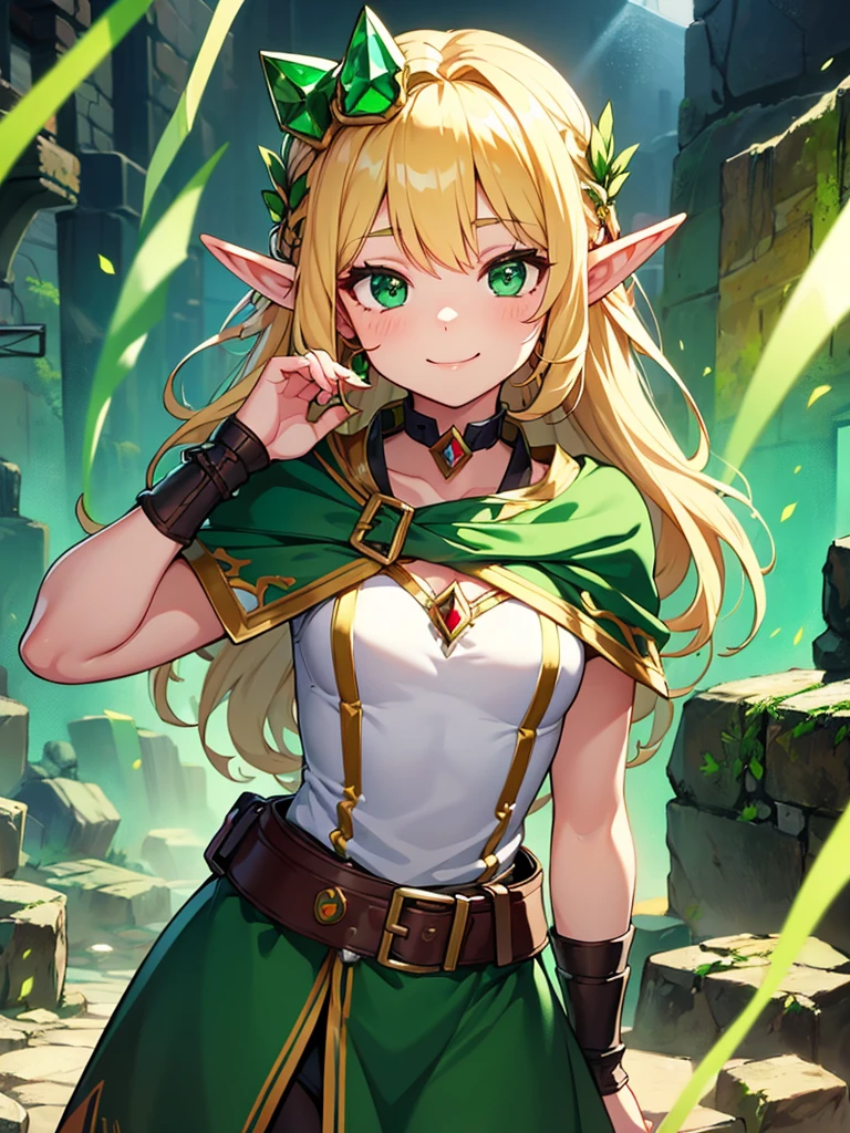  girl. She's an elf. Fantasy village. Work as a miner. Miner. Sexy green fantasy outfit. Fantasy mining outfit. Flat chest. Blonde hair. At the mining site. Mining equipment. Mining emerald stones. Mining goggles on the head. Beautiful teenage face. Cute smile. 