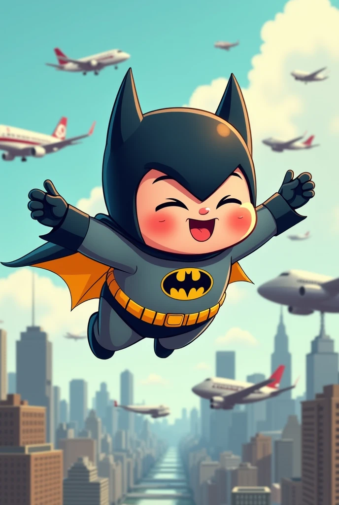 Draw me a picture , chubby boy with 2 cheeks patman flying over the plane