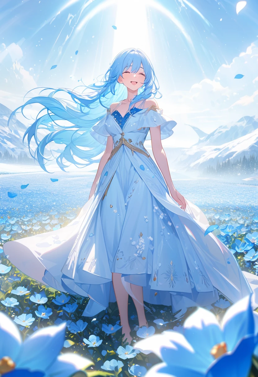(Absurd, High resolution, Super detailed, 超High resolution, Cinematic), alone, One girl, mature, Happy, girl standing in Light blue flower field, Light blue flower petal surrounding girl, whole body, Girl with blue long hair, Light blue hair, Fantasy, dream-like, the snow's, Official Art, Pop Art, profile, Super detailed face, Super detailed eyes, Light blue flower field, Super detailed field, white blue sky, cold, Light blue, white, Sky nebula, Blue Tree, watercolor, pastel colour