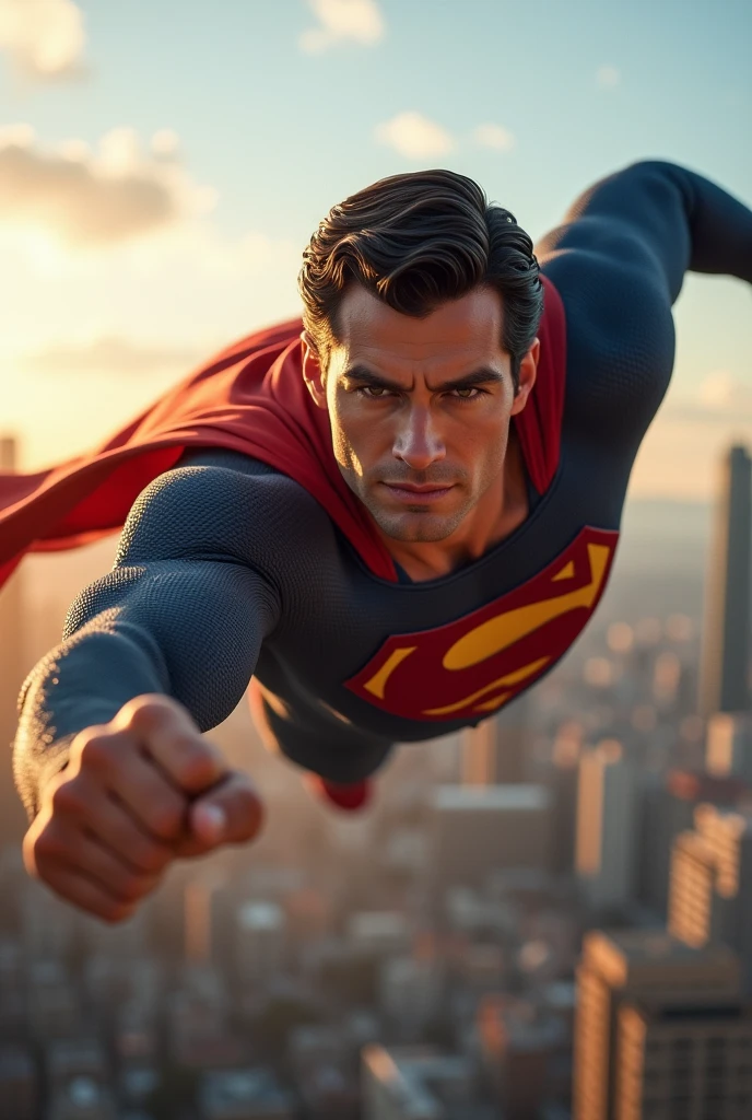 superman flying in the sky over the city of são paulo, ultra detaild, ultra realistic, flying very fast, traces of fire, close-up, front view, ((you can see the Copan building in the background)), punch pose, dark blonde hair