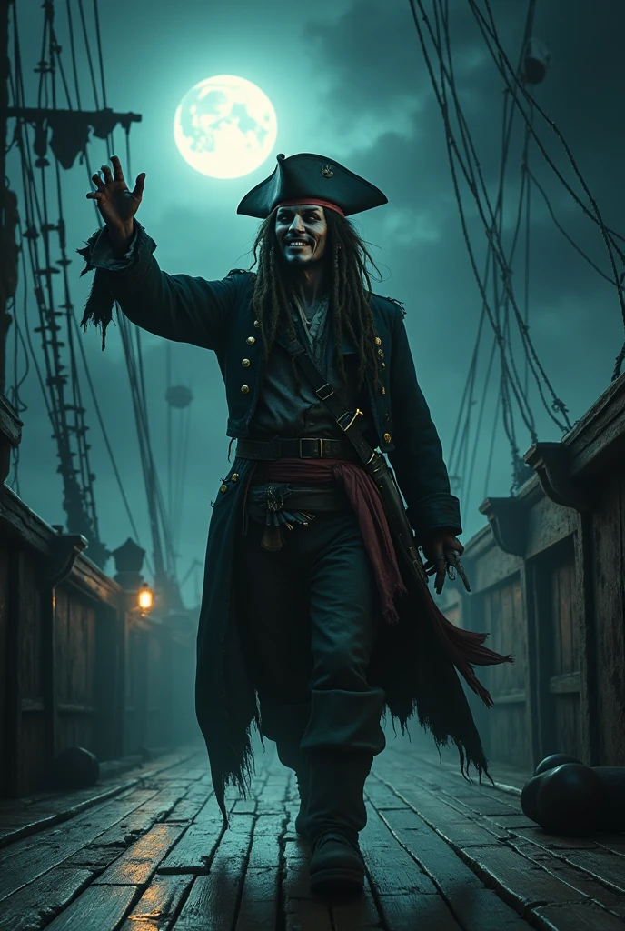 In a classic scene from a Caribbean pirate movie featuring one man, the camera slowly pans across the misty, moonlit deck of a weather-beaten pirate ship. Suddenly, a figure emerges from the shadows, swaggering with a devil-may-care attitude. It's a zombie Captain Jack Sparrow, tattered pirate garb, and a mischievous grin. He tips his weathered tricorn hat to the moon, raises a flask of rum, and delivers a witty, enigmatic line that encapsulates his roguish charm and unpredictable nature. The scene captures the essence of a zombie Captain Jack Sparrow's legendary charisma and sets the tone for the thrilling adventures that follow,.(best quality,4k,8k,high res,masterpiece:1.2),ultra-detailed, realistic, HDR, UHD, studio lighting,ultra-fine painting, sharp focus,physically-based rendering, extreme detail description, professional, vivid colors, bokeh, portraits, psychological,