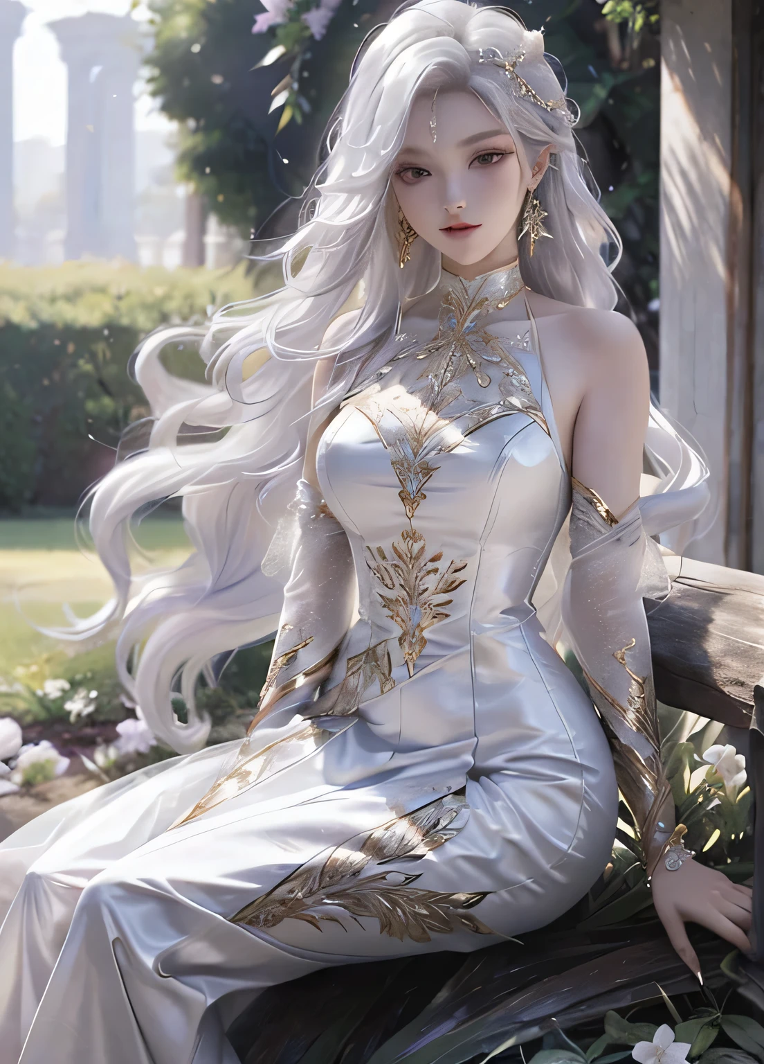 Masterpiece, intricate detail, 8k, hires, ultra detailed, extremely delicate and beautiful, Best quality, a woman with long white hair, wearing a flowing dress and elegant jewelry, seated gracefully in a garden.