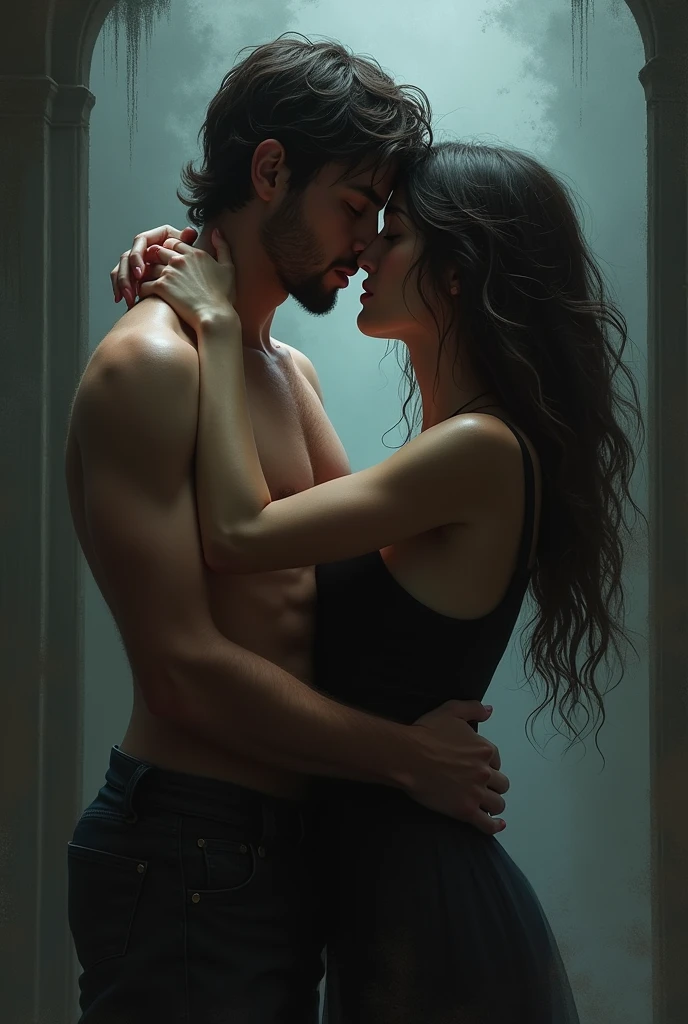 Generate an image that combines the desire and anguish of a forbidden love. It shows two people together, with an atmosphere of tension around them, like shadows or memories of the past. Use a dark, contrasting color palette to highlight the internal conflict.
