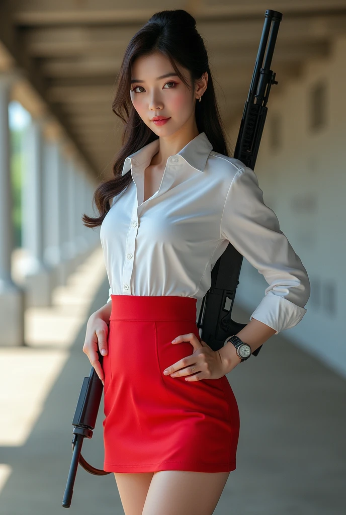 real person realistic beautiful korean flight stewardess in white shirt and red super tight mini skirt standing stance legs open spreading arms straighten full portrait holding rifle gun back view facing hip low waist shooting range sexy legs