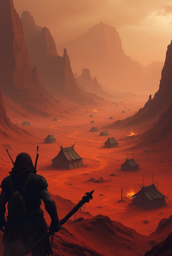 a landscape view of a huge red desert with some orc villages, there is some campfires, smoke atmosphere, unhealthy