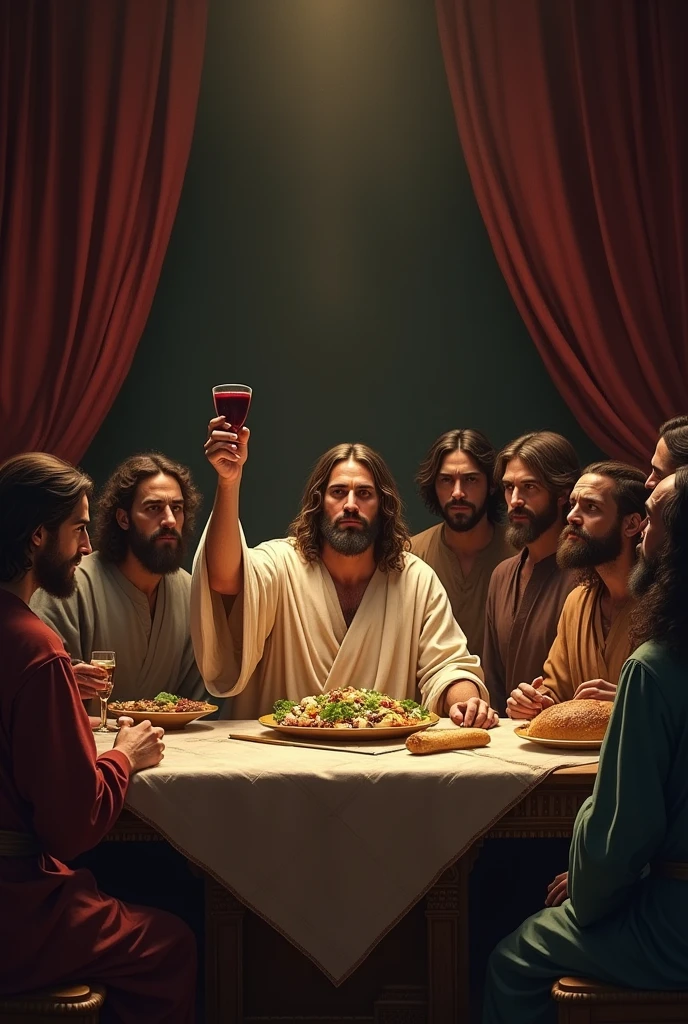 "A poignant scene of Jesus at the Last Supper, set in a dimly lit, elegantly furnished upper room. Jesus is at the center of a long, wooden table, surrounded by His twelve disciples, each expressing a range of emotions from curiosity to sorrow. Jesus, dressed in a simple robe, holds up a cup of wine and a piece of bread, symbolizing His body and blood. His expression is serene and contemplative, conveying both the gravity of the moment and the depth of His sacrifice. The table is set with tradit