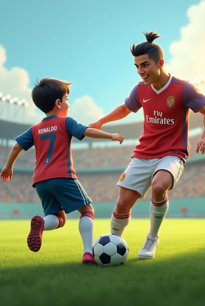 Once there was a boy. His name was Aayush. His name was printed in his t-shirt. He was playing passing the ball with Cristiano Ronaldo in the field.