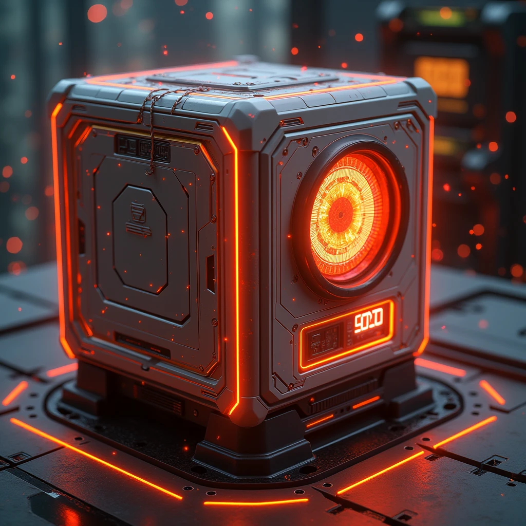 A machine electric meter,The machine emits orange-red light.,The shape is a cube,There are two technological light screens around the power distribution meter.,Add red electricity element,Need a fantasy sci-fi future style,The periphery of the screen is flashing orange-red light,More sci-fi,More dreamy
