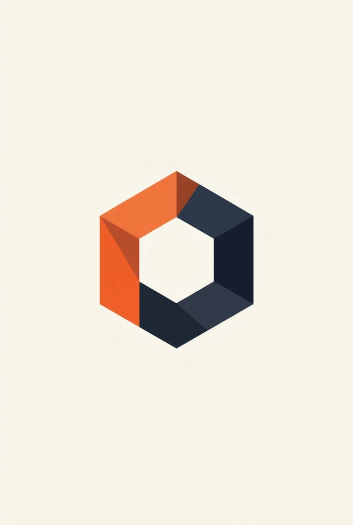 Create a minimalist symbol for the brand 'Konte Produções', an audiovisual production company. The symbol must be a stylized hexagon reminiscent of origami. Use orange colors, navy blue and white in the palette, with a clean and modern design that reflects the company's sophistication and creativity. The hexagon should have an origami style, with lines and angles that emphasize simplicity and elegance.