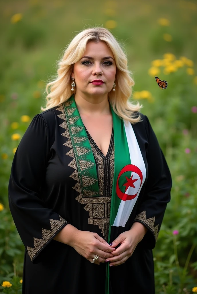 Close up, woman, blonde, plump, wearing a black caftan with a modern embroidered pattern, holding the Algerian flag around her neck in white and green, looking directly at the camera, she is standing on a green landscape, few flowers. Butterfly flying.