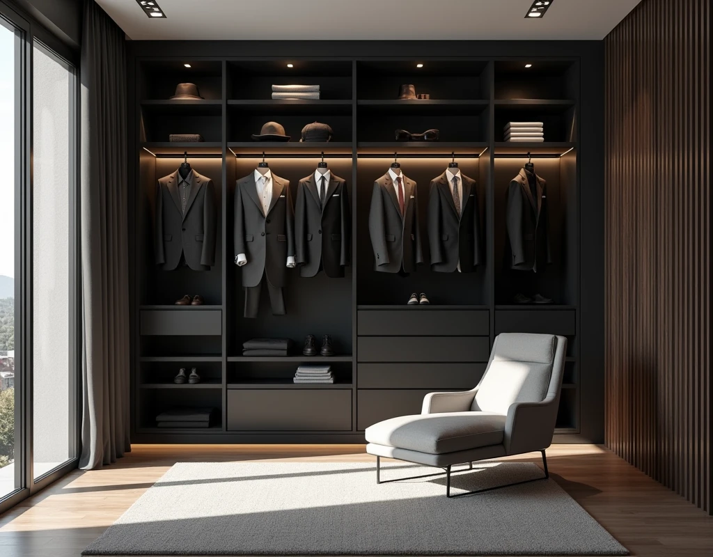 A modern apartment. Walk-in closet design. The closet is filled with man's outfits. There is a full-body mirror. There is a chaise. Interior design. Modern black and wood interior. Great lighting. No man. No window.