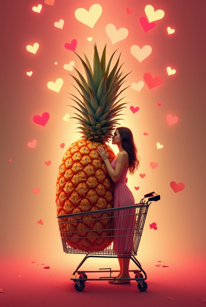 An upside down pineapple inside a shopping cart with hearts around it and a couple in love