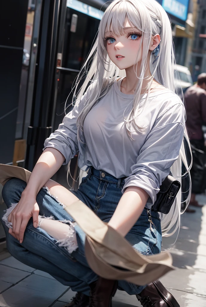 With white hair Blue eyes Casual clothes