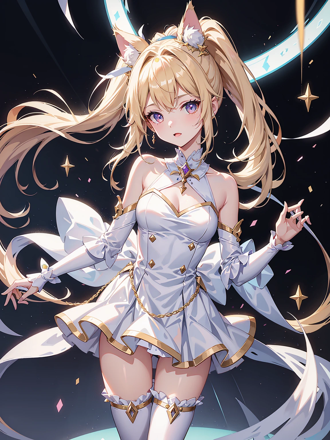 Cat-eared age girl,Cheerfulness,(Charmed:0.2),Highest quality,masterpiece,The ultimate solution,fluffy,colorful,Perfect body,Blonde with double ponytail,Jewel-like eyes,A white-based tadress,(Beautiful costumes),Idol Costumes, White Stockings,Long legs,Muffin Shoes,embroidery,(Rainbow Bubbles:0.3),Dazzling Light(about:0.5),(Shine:0.3),Take to the stage