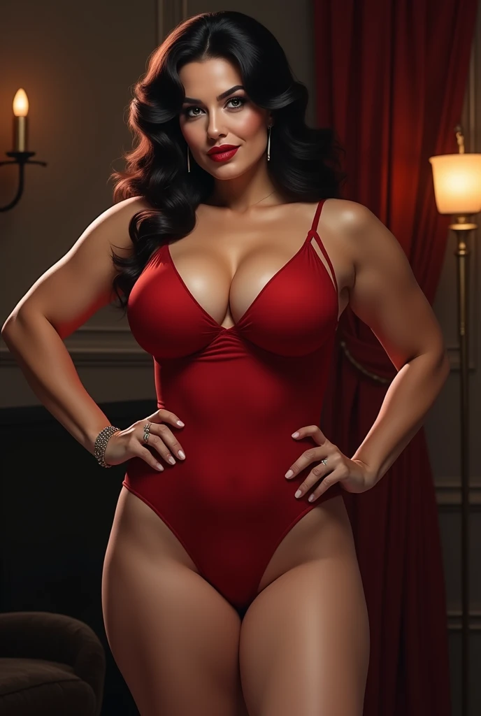 Older woman, big breasts, big ass, provocative clothes, brunette hair, mini skirt, red top, panties showing above the skirt.