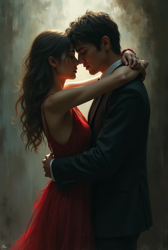 Generate an image that combines the desire and anguish of a forbidden love. It shows two people together, with an atmosphere of tension around them, like shadows or memories of the past. Use a dark, contrasting color palette to highlight the internal conflict.