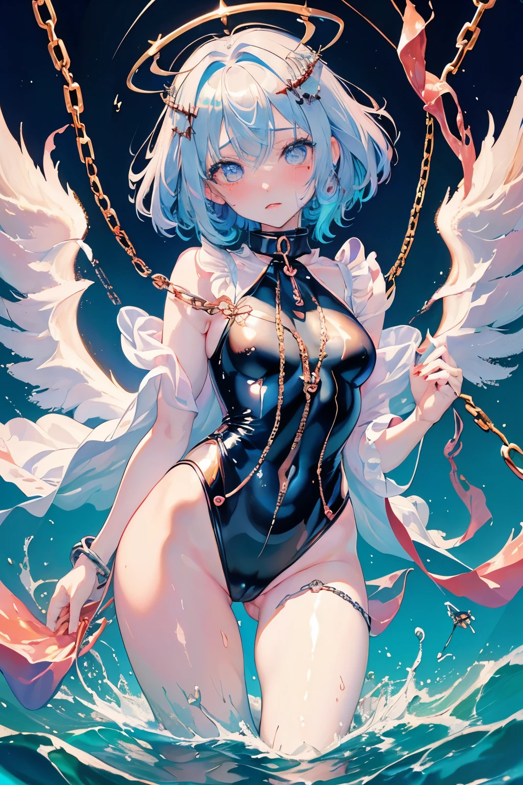(((Highest品質、masterpiece、Normal body、8k、Detailed face、Ultra-precision、Normal hand、Normal finger、5This finger、Highest)))、Silver Hair、Bobcut、beautiful girl、Small breasts、slender、smart、A face that retains its youthfulness、Transparent swimsuit、白のうっすら透けたTransparent swimsuit、Bite、Crisp body lines、Cape、破れたTransparent swimsuit、引き裂かれたTransparent swimsuit、ボロボロのTransparent swimsuit、Chain、Chain in the crotch、Chain at the crotch、Chain to pussy、Chain to the uterus、Chain to the vagina、ChainBondage、first round、Collar、first roundにLongChain、Chained in a chain、ChainBIND、Chains entangle the body、Chain Bondage、Embarrassed、shame、blush、Ahegao、Face、Infatuated、Trance、Offer the Chain to your master、Obedience to your master、On all fours