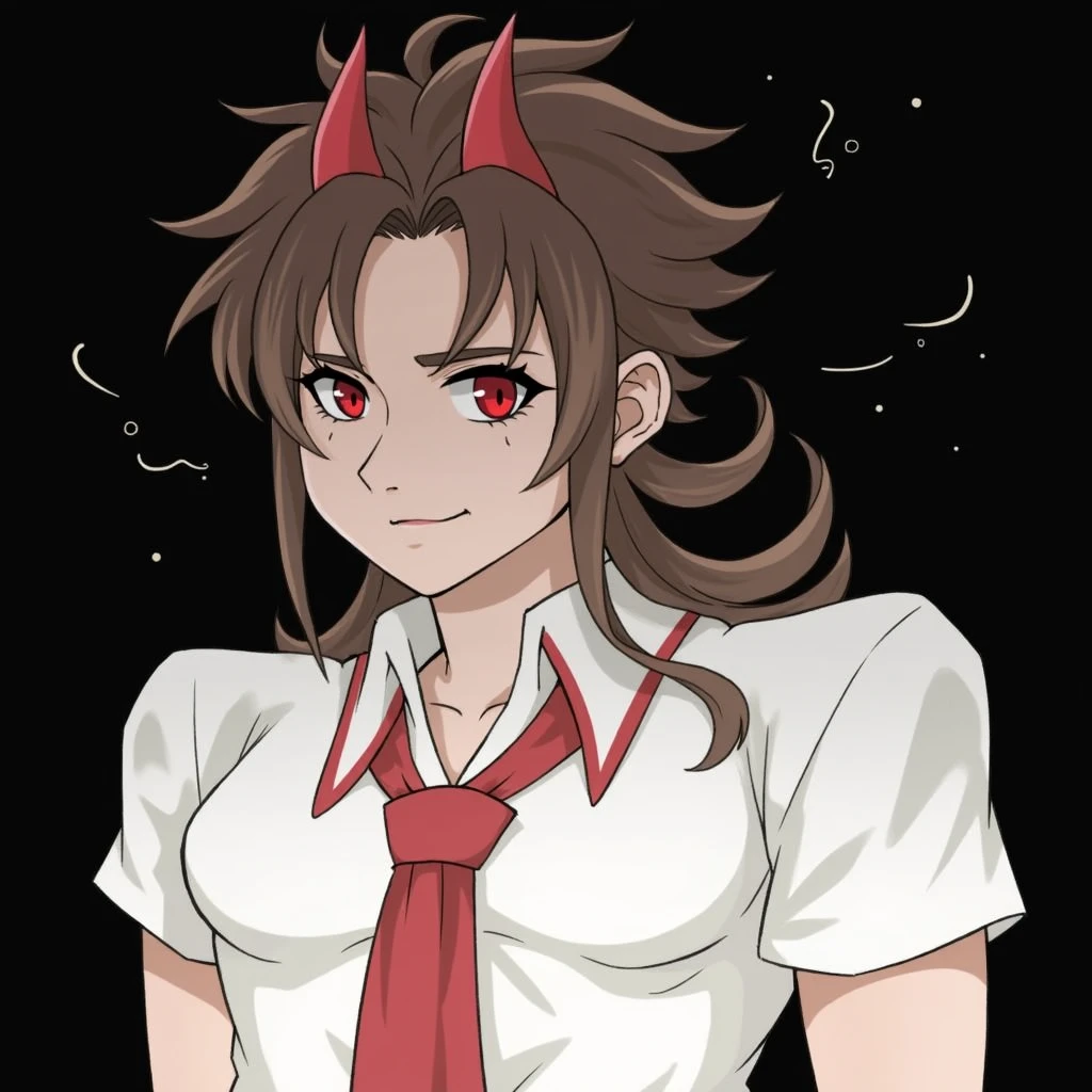 Red eyes, Brown hair, hair between eyes,  red horns , Strong body, intimidating, itadori pose