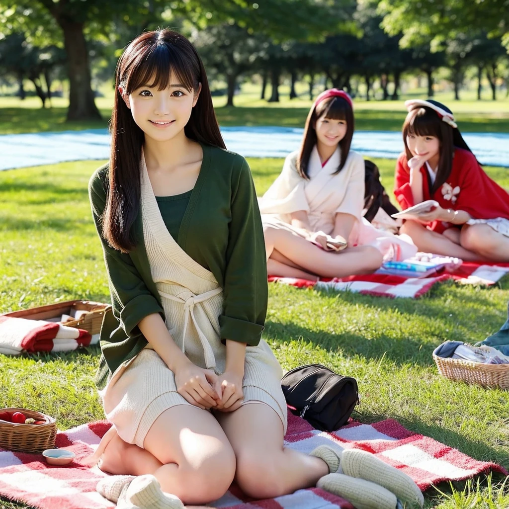 Japan Girls、Sitting on a picnic blanket in the park、She's wearing a cute little see-through summer dress、Actual photo、masterpiece, Accurate, Highest quality, Ultra-high resolution, smile,