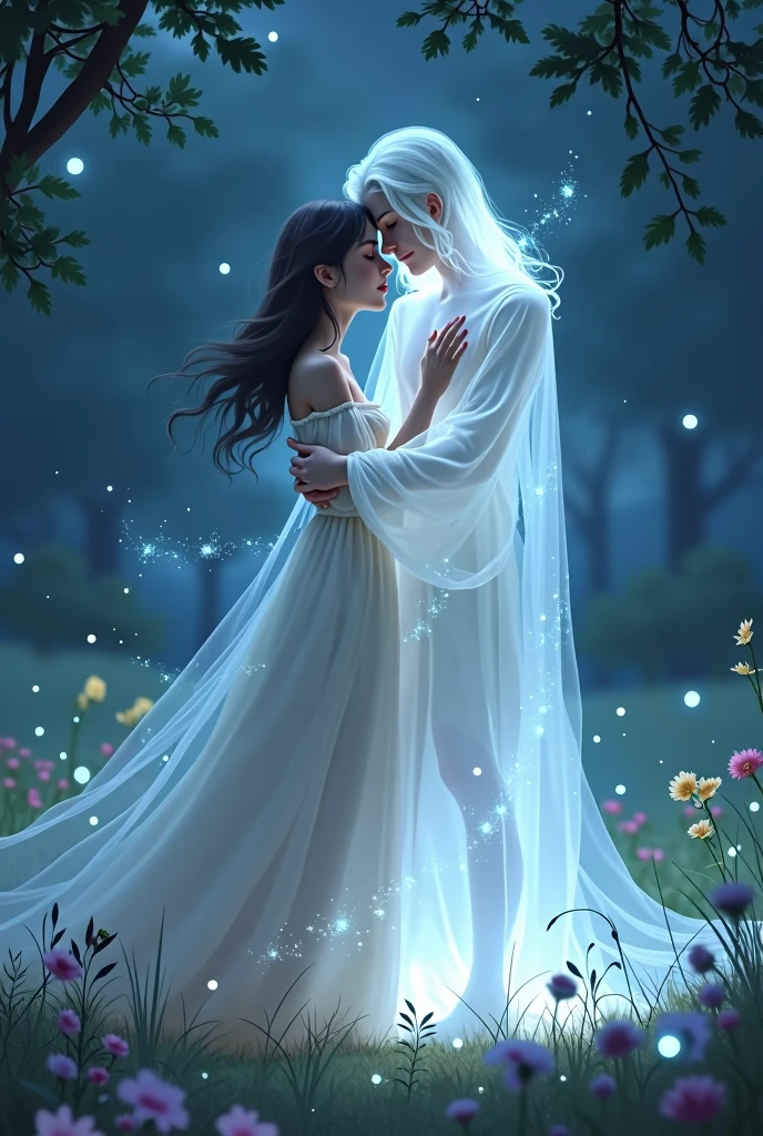 fund: A magical nocturnal atmosphere, like a moonlit field or an enchanted garden, to give an ethereal and dreamy tone to the scene.
Kizi: A girl, with a light, flowing dress, perhaps in soft tones like light blue or white, to convey a sense of youth and purity. She may have a serene expression and a look of affection., with loose or slightly wavy hair.
phantom: A spectral figure, perhaps with a translucent appearance and a soft aura. He may be dressed in ancient or ethereal clothing., that flow and blend with the environment. Its appearance should be softer and more welcoming than scary., with a gentle and passionate expression.
interaction: The two are holding hands or in a gentle embrace, with the bodies almost merging into a harmonious form. There may be a subtle glow or aura around them., highlighting the special connection between them.
Additional Detail: Elements that reinforce the romantic and supernatural atmosphere can include twinkling lights around, stars in the sky, or a light mist that envelops the environment. small details, like floating flowers or leaves, can add a touch of magic and delicacy to the scene.