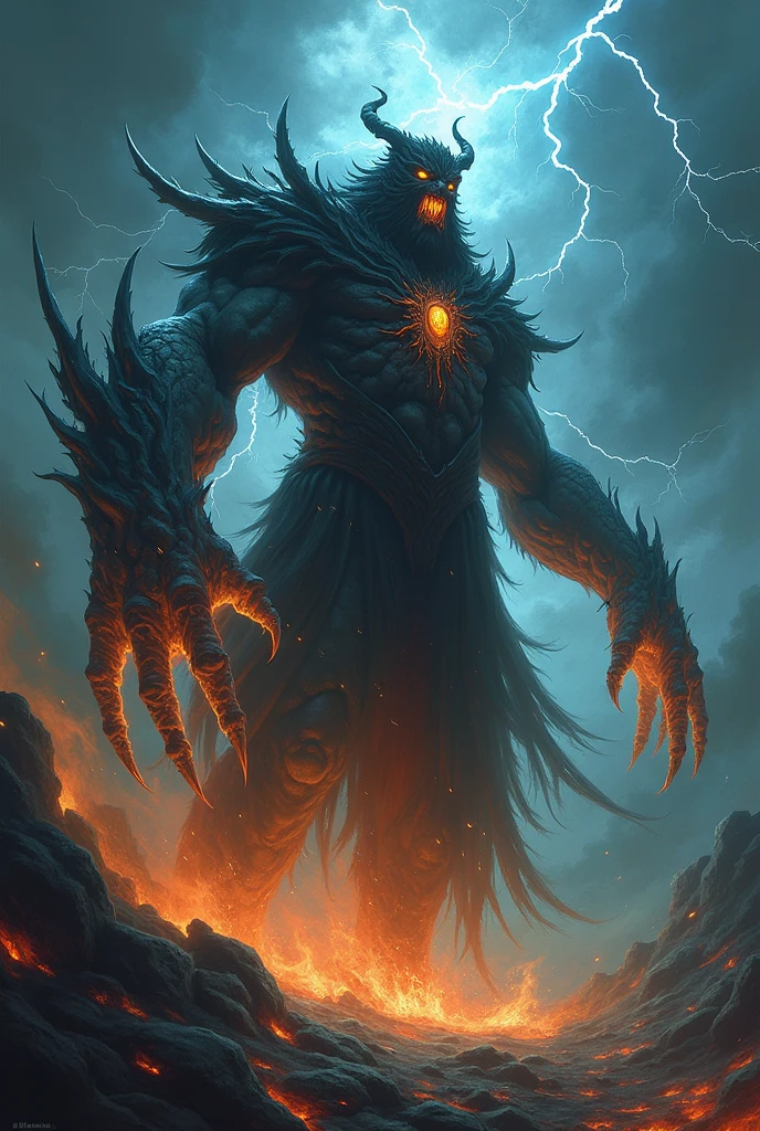 (Titan - Dark God of Chaos,threatening attitude)(with four arms and claws)(covered in fire ,black smoke and lightning)