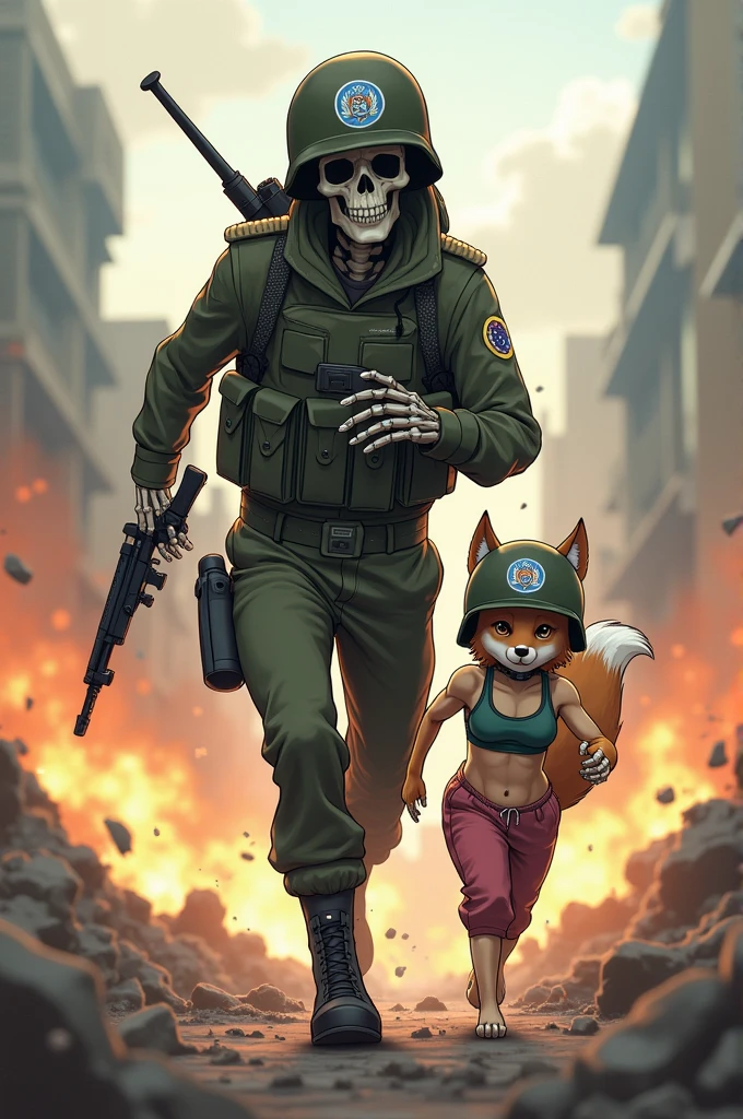 Brazilian skeleton soldier with UN helmet, with the company of a furry fox in a bra and sweatpants with a UN helmet fleeing the crossfire on a peace mission in a cute sensual anime drawing.