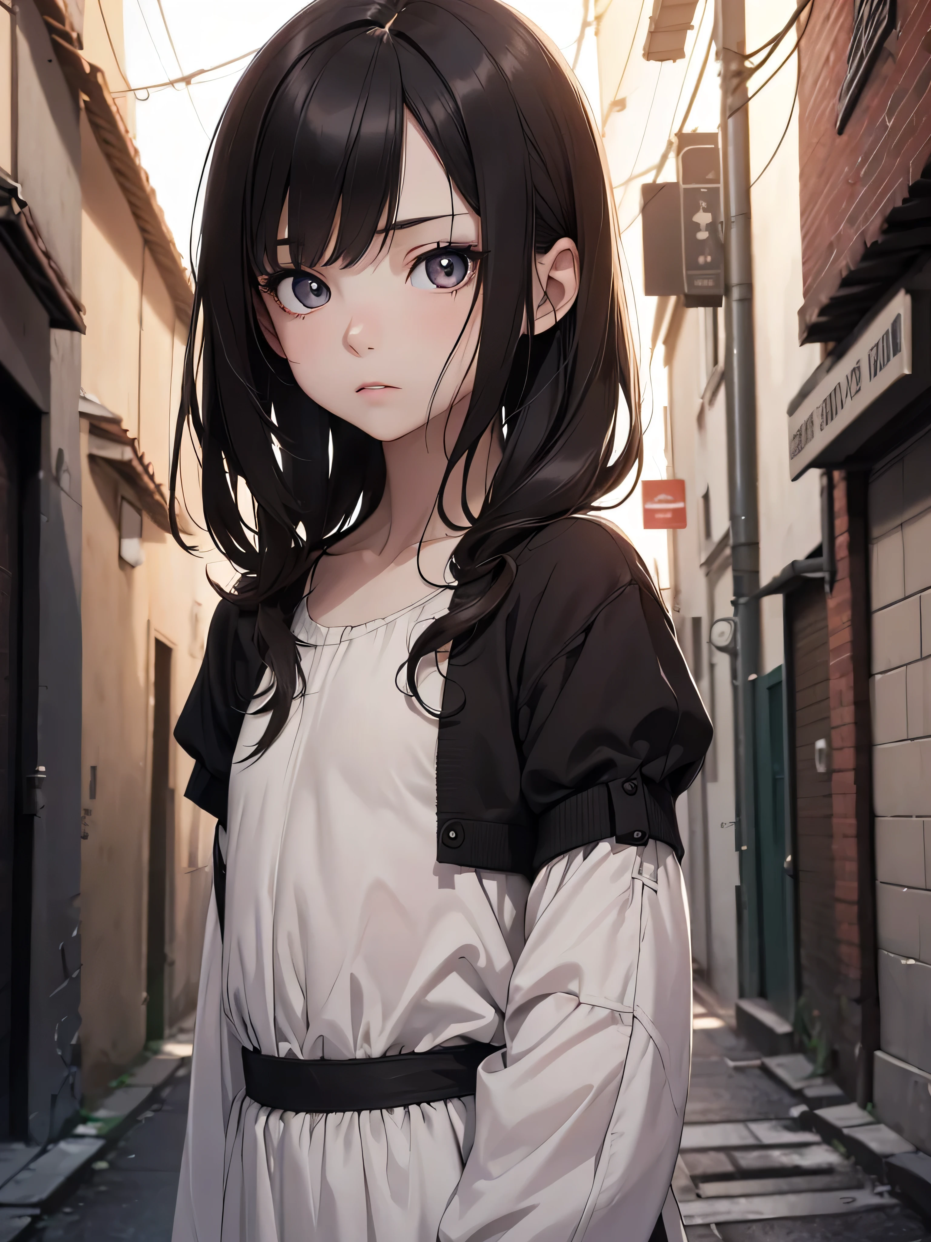 (8K, Best Quality, Masterpiece, Ultra High Resolution) Single Person, , 1 Girl, Young, Small Child, Cute Eyes, Face Details, Pale Skin, Slender, Short, Flat Chest, Black Hair, Brown Eyes, Dark Alleyway, Homeless, Best Quality, Upper Body, Looking at the Viewer, Facing Viewer, Close Up