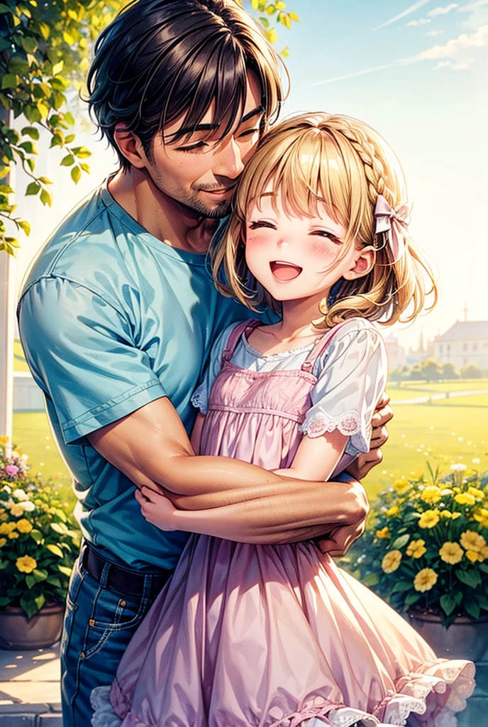 A heartwarming illustration featuring a father and his  daughter sharing a tender moment. The father, clean-shaven and wearing a casual shirt, is holding his daughter in his arms. They are cheek-to-cheek, both smiling warmly. The daughter, with a small bow in her hair and dressed in a simple, cute dress, is giggling with joy. The illustration is soft and warm, using pastel colors and gentle lines. The background has a serene and peaceful atmosphere, with golden sunlight softly filtering through. The overall vibe of the image is loving, tender, and full of affection