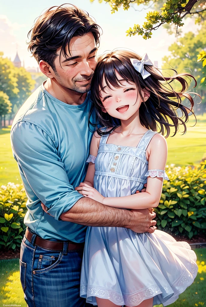 A heartwarming illustration featuring a father and his daughter sharing a tender moment. The father, clean-shaven and wearing a casual shirt, is holding his daughter in his arms. They are cheek-to-cheek, both smiling warmly. The daughter, with a small bow in her hair and dressed in a simple, cute dress, is giggling with joy. The illustration is soft and warm, using pastel colors and gentle lines. The background has a serene and peaceful atmosphere, with golden sunlight softly filtering through. The overall vibe of the image is loving, tender, and full of affection