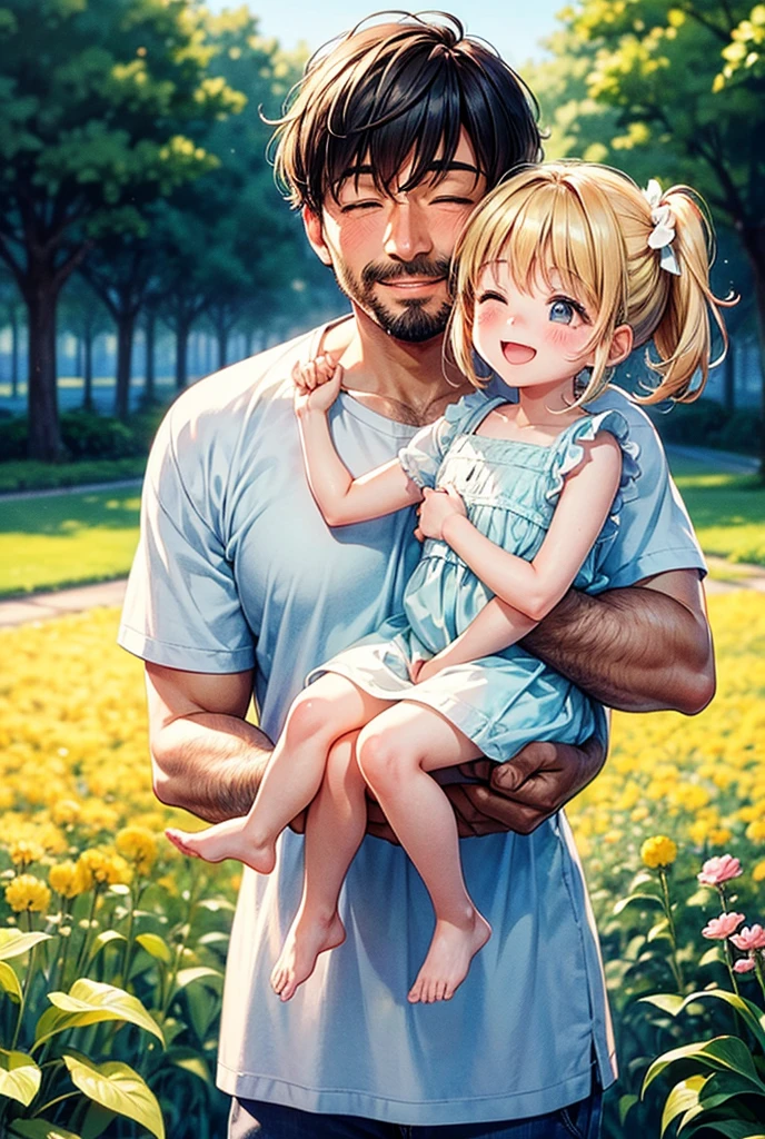 A heartwarming illustration featuring a father and his daughter sharing a tender moment. The father, clean-shaven and wearing a casual shirt, is holding his daughter in his arms. They are cheek-to-cheek, both smiling warmly. The daughter, with a small bow in her hair and dressed in a simple, cute dress, is giggling with joy. The illustration is soft and warm, using pastel colors and gentle lines. The background has a serene and peaceful atmosphere, with golden sunlight softly filtering through. The overall vibe of the image is loving, tender, and full of affection