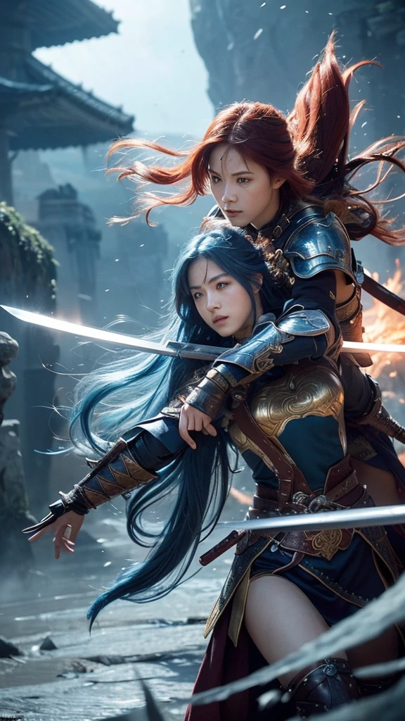 “Create a stunningly detailed illustration featuring two female warriors engaged in a fierce sword battle. The first warrior has long, flowing blue hair, and the second warrior has long, flowing red hair. Both are dressed in intricately designed battle armor, reflecting their respective hair colors. The scene is dynamic, capturing the intense motion of their swords clashing. The background should be a dramatic and ethereal setting, perhaps with a fantasy landscape or mystical elements that enhance the energy of the fight. The warriors’ expressions should convey determination and strength. The overall artwork should be vibrant, with a focus on high detail and fluid action.”