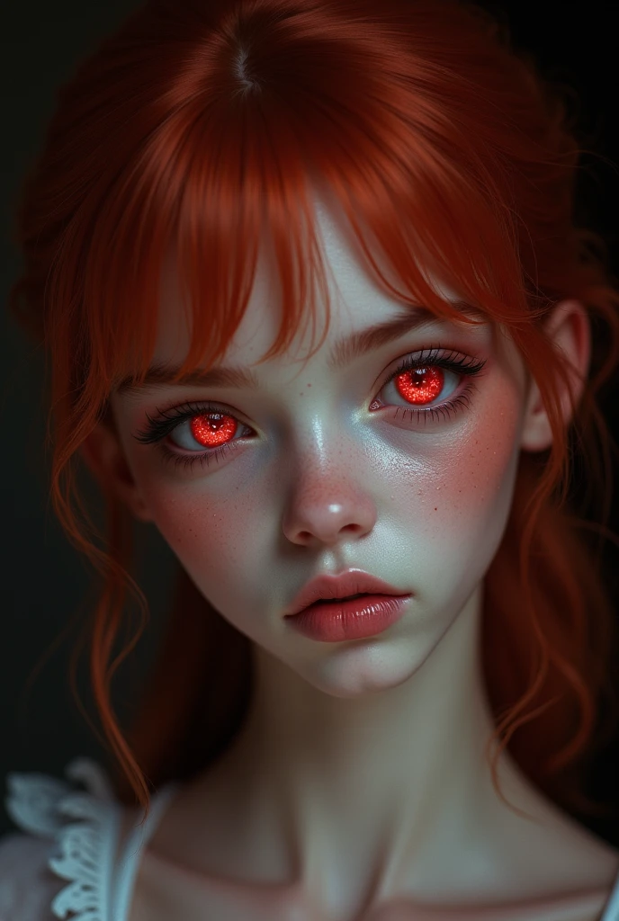 1 girl, star eye, blush, perfect lighting, Red hair, Red eyes, unreal engine, side lighting, detailed face, hits, shiny skin, simple background, dark background hentay
