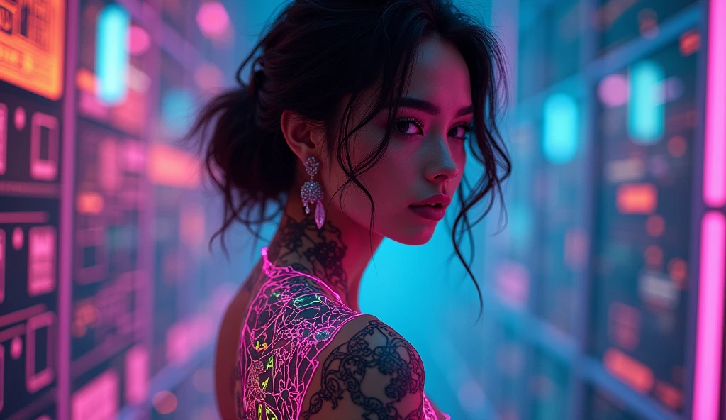black light art,fluorescent art,glow in the dark art,One princess,bright tattoo,Complex geometry, Colorful blur, night dress。shadows and lights,Subtle reflections,lovely body,Dark temptation,The beauty of tattoos.,Neon lights,Enchanting fantasy。(Best Quality,4k,8k,High resolution,masterpiece:1.2),ultra detailed,(realist,photorealist,photo-realist:1.37)。