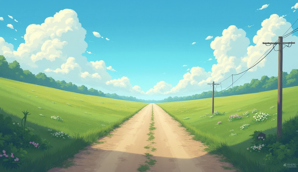 A road that splits into two directions: one full of thorns and the other in bloom. The sky is clear, with white clouds. The composition is symmetrical. The feeling is one of choice and decision.