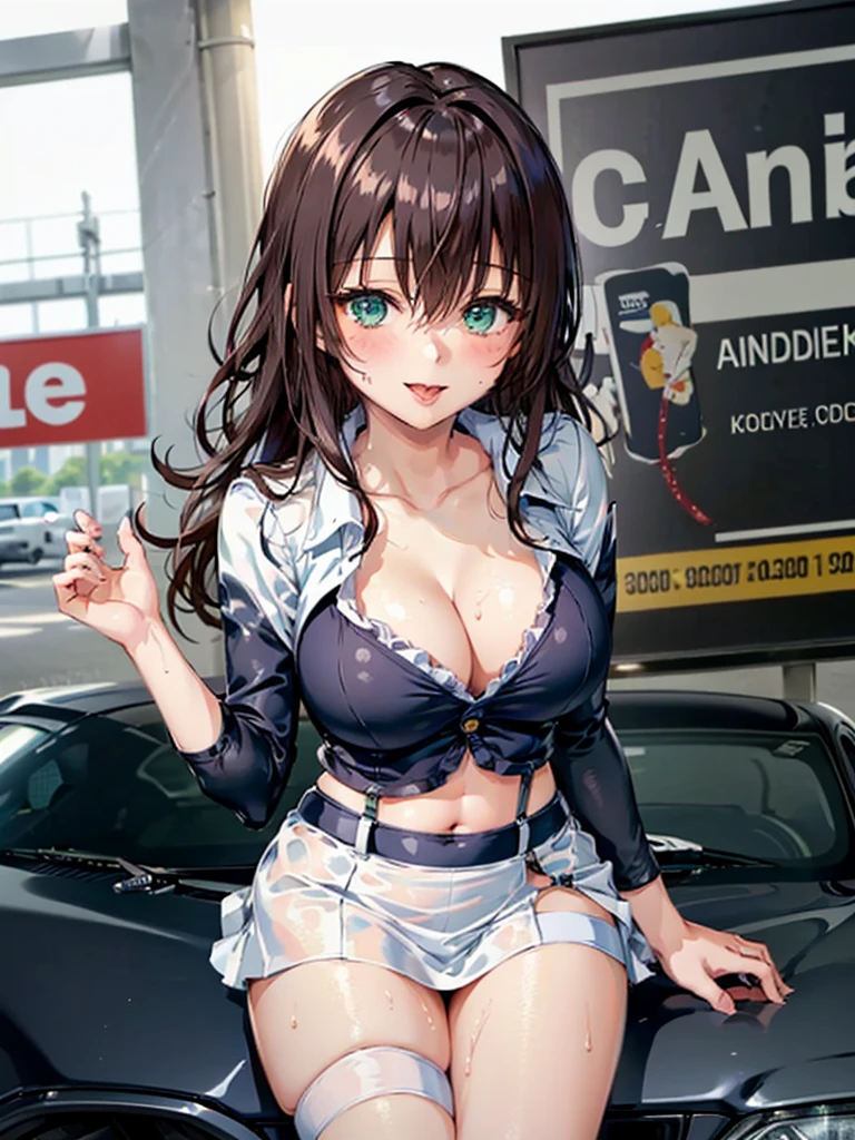 ((Highest quality)), ((masterpiece)), (detailed), One person,Age 25,Race Queen,model,(Sit on the hood of a car),(White mini skirt),(Blue tops),(Open the buttons on your shirt),Navel exposed,Big Breasts,blush,Underbust,(Her cleavage is visible),(Excited expression),(Seductive expression),Several men with cameras,(modelの女の子を囲みます),Browsing Caution,sexy,(Bring your hands together)Sweat,(Black garter belt),(Move your tongue up and down),