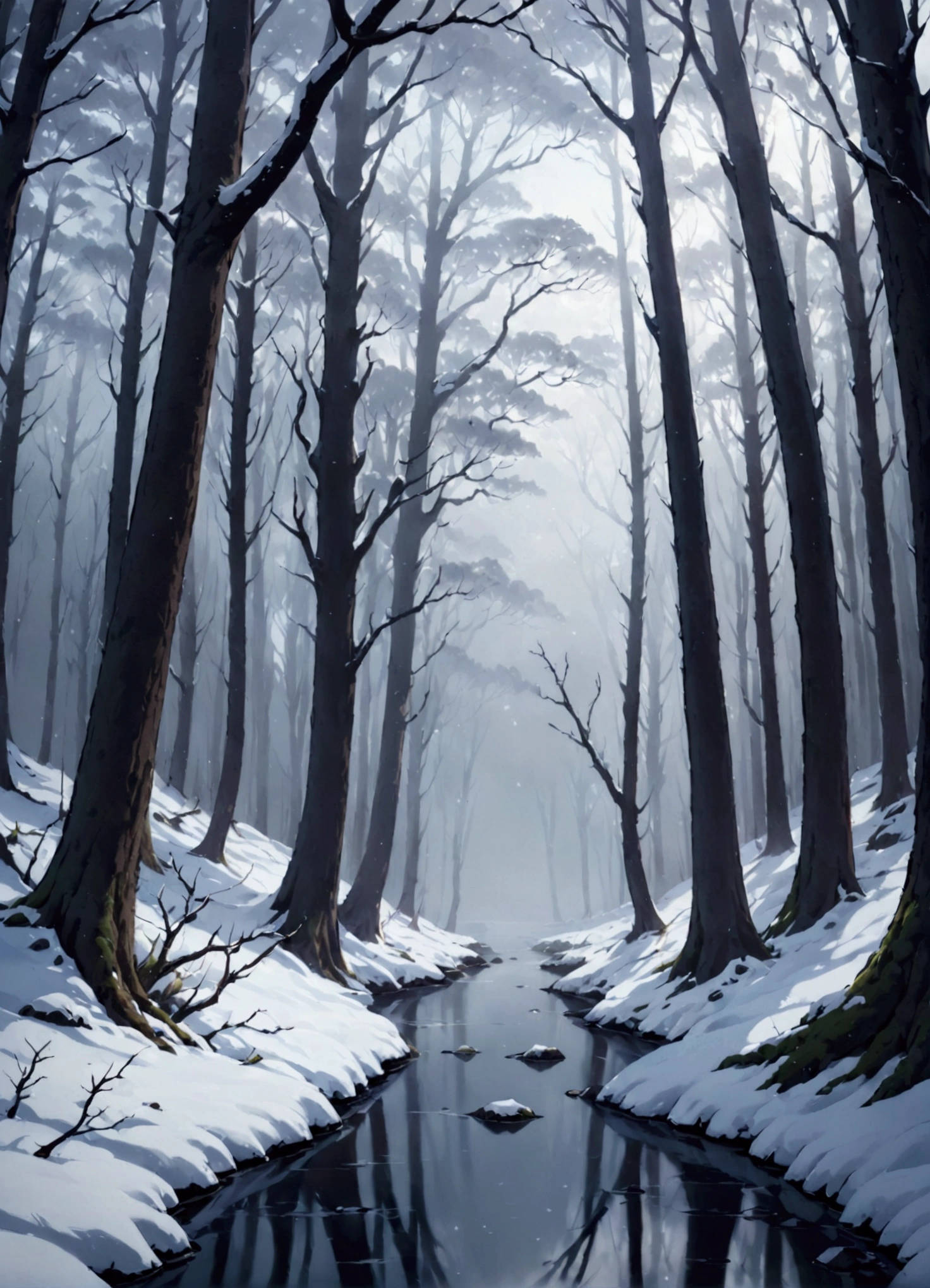 An amazing landscape in a foggy snowy forest. With a very calm vibe 