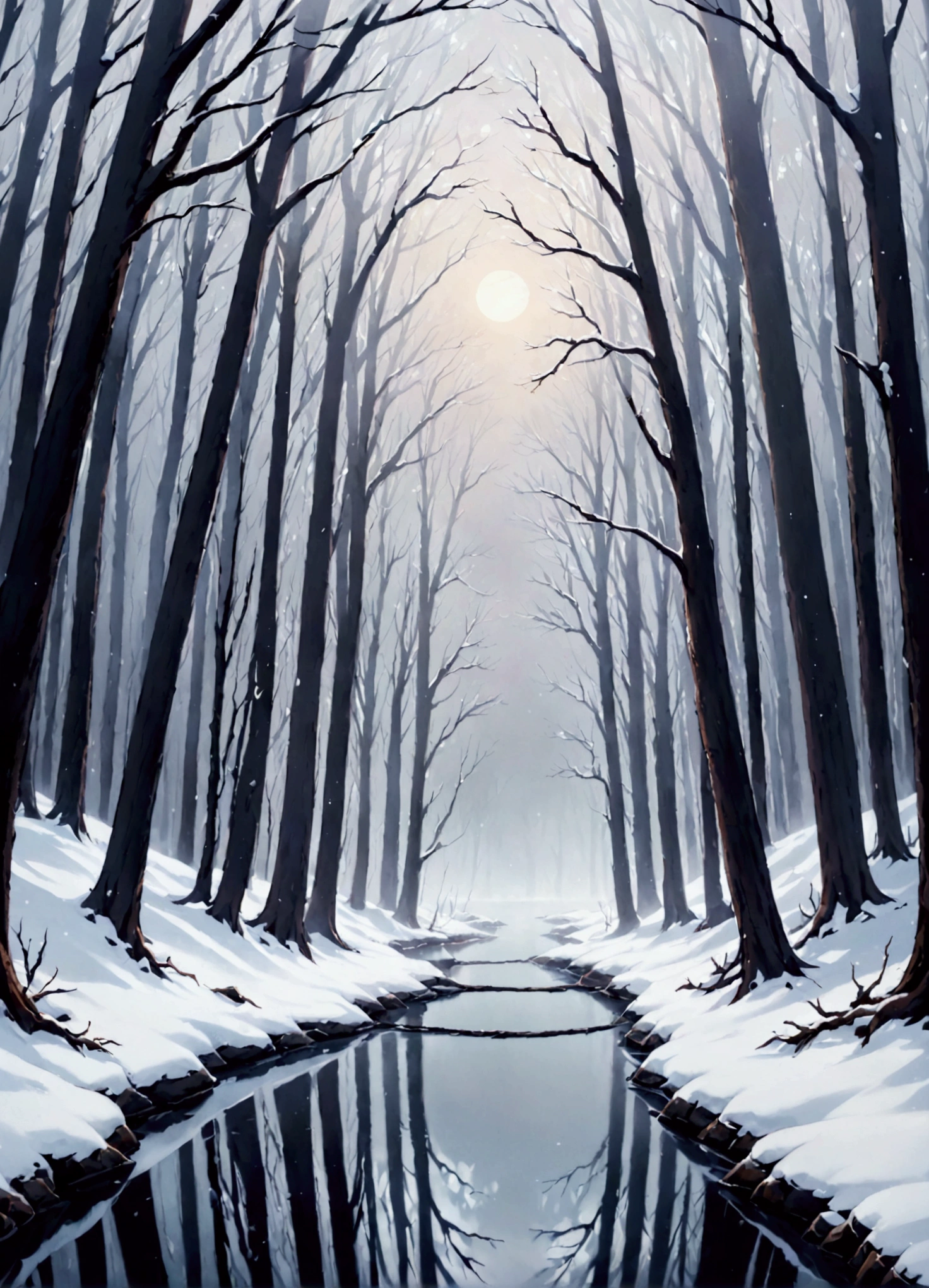 An amazing landscape in a foggy snowy forest. With a very calm vibe